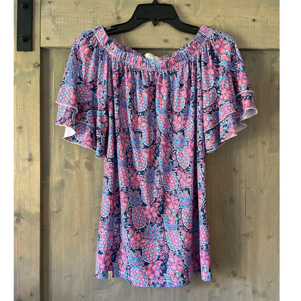 Simply Southern‎ Off The Shoulder Pineapple and Floral Pattern Shirt Size Medium